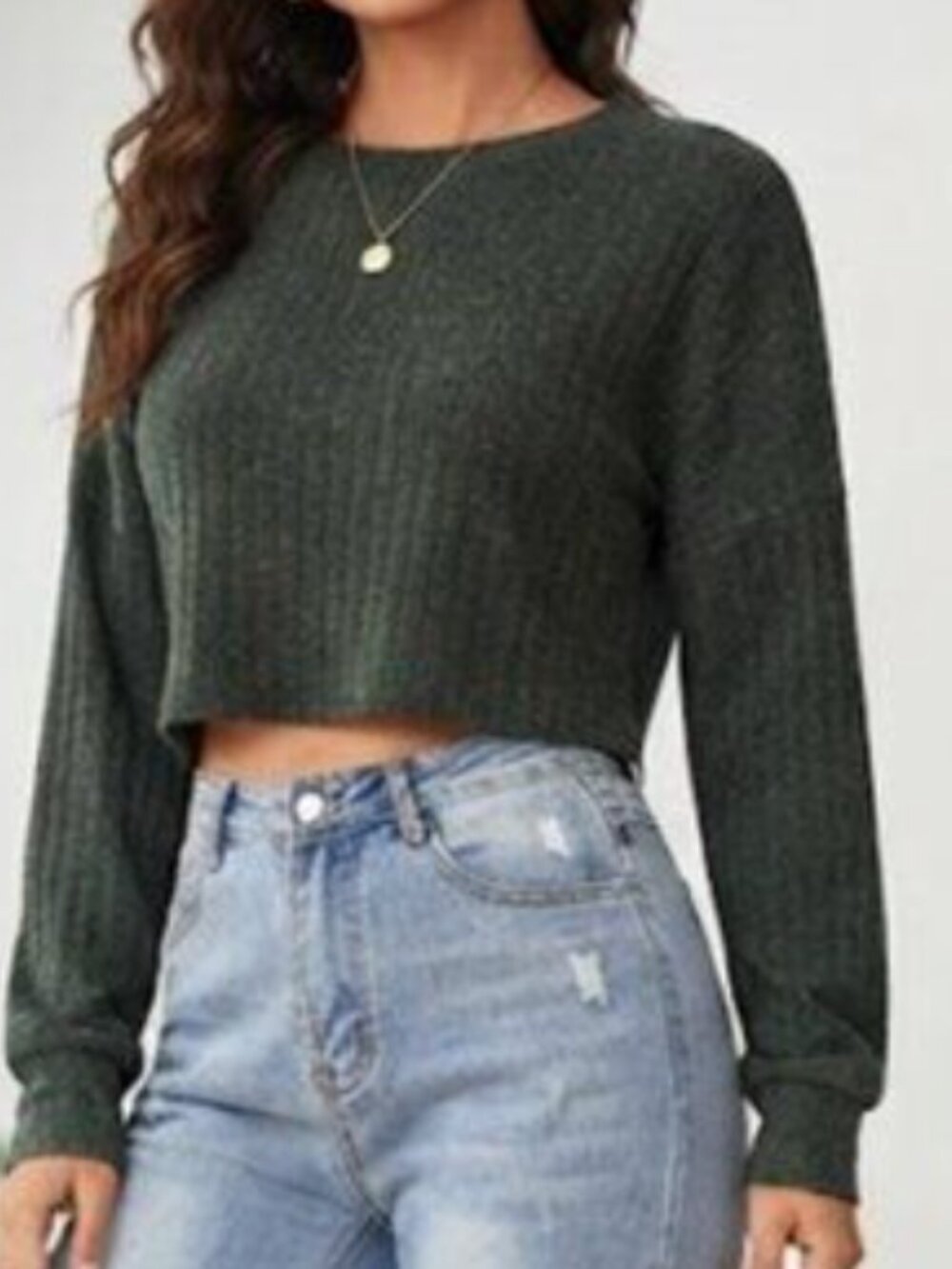 ROMWE Dark Green Ribbed Crop Sweater Crewneck Size S